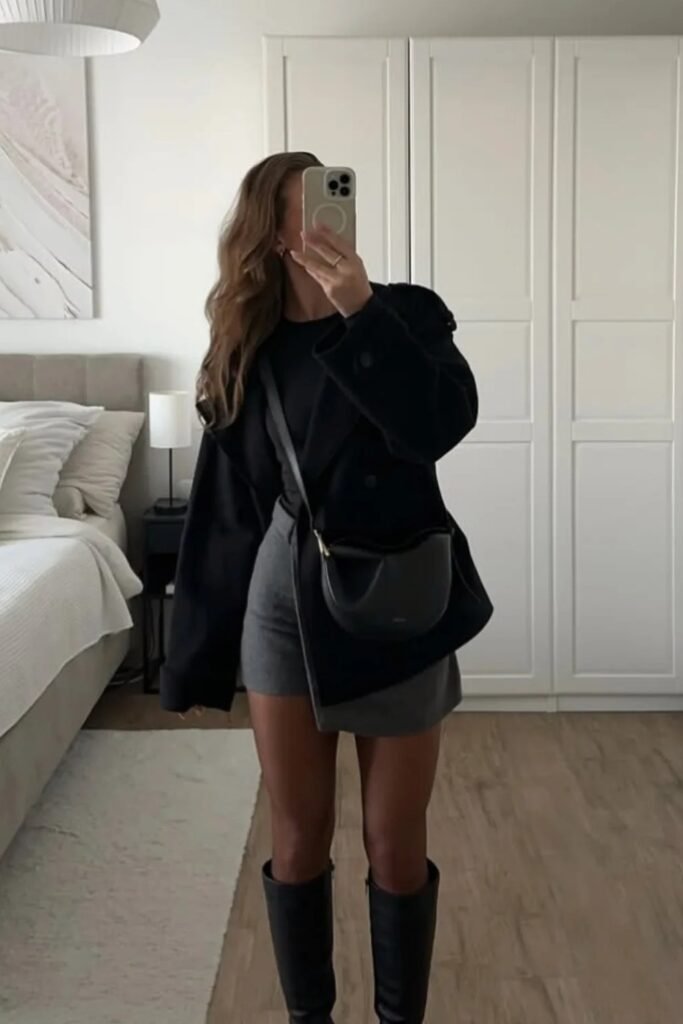 Oversized Black Blazer + Grey Mini Skirt + Black Knee-High Boots