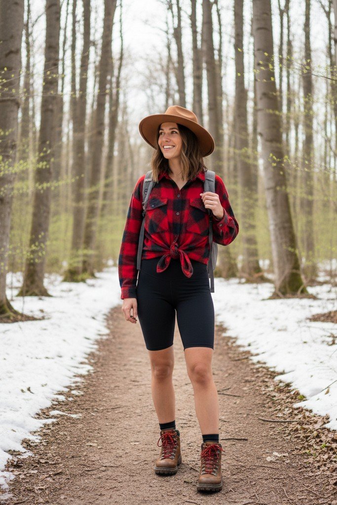 Oversized Button Down + Bike Shorts + Hiking Boots