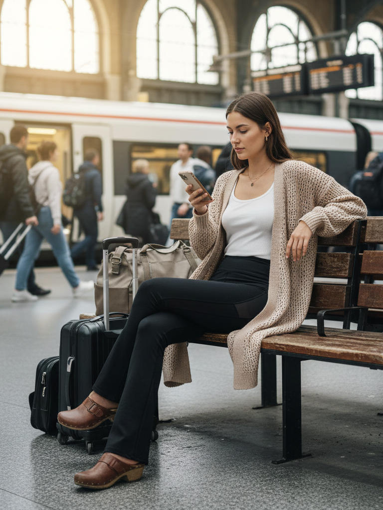 Oversized Cardigan + Biker Shorts + Flare Leggings (Layered) + Slip-Ons