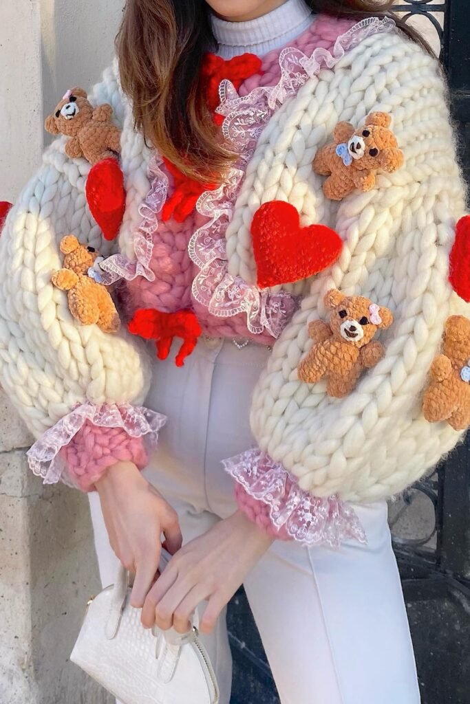 Oversized Chunky Knit Cardigan with 3D Bears and Hearts + White Trousers