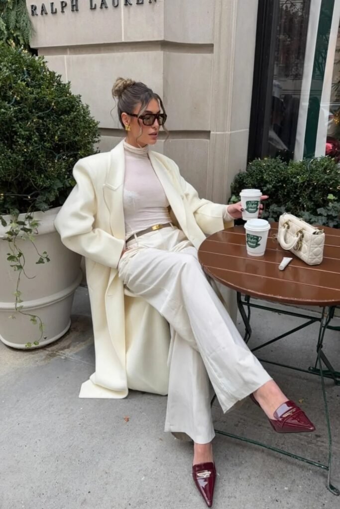 Oversized Cream Overcoat + White Turtleneck + Off White Wide Leg Trousers + Burgundy Pointed Loafers