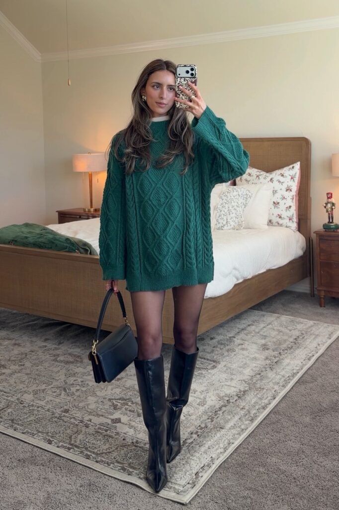 Oversized Emerald Cable-Knit Sweater + Sheer Black Tights + Pointed-Toe Black Knee-High Boots