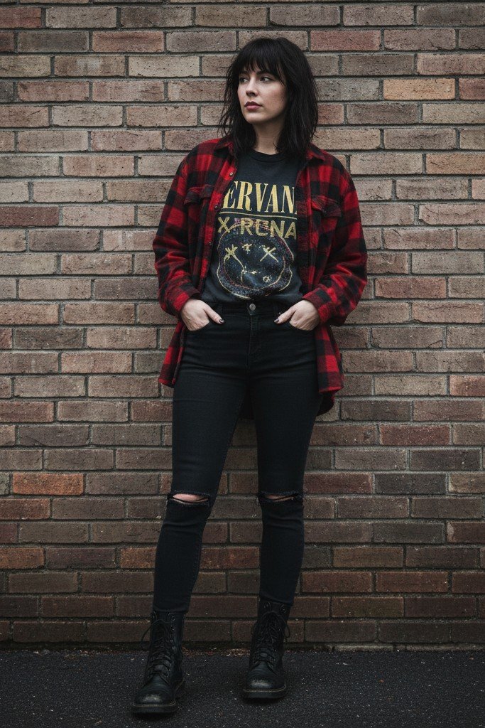 Oversized Flannel + Band Tee + Ripped Black Jeans + Combat Boots