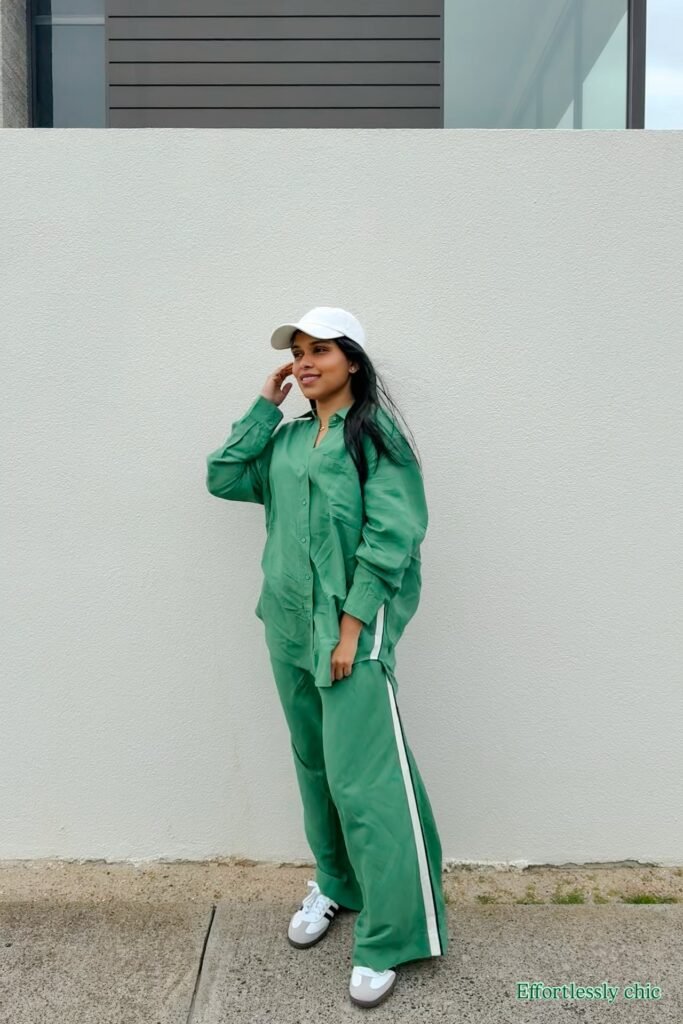 Oversized Green Button-Down Shirt + Matching Green Wide-Leg Trousers + White Sneakers