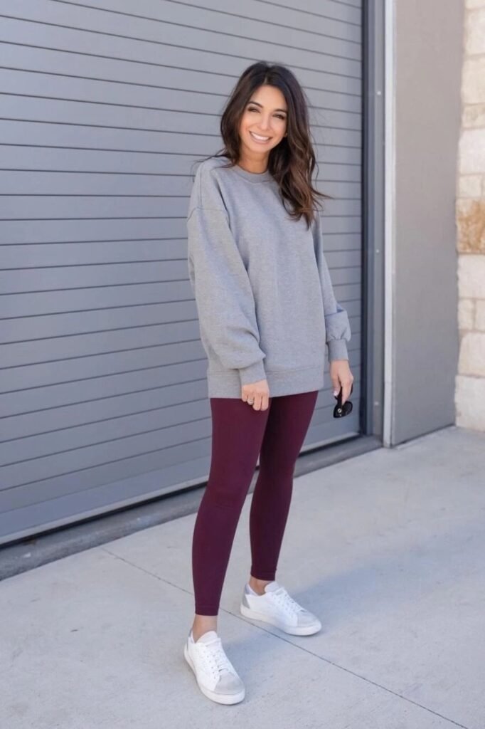 Oversized Grey Crewneck Sweatshirt + Burgundy Leggings + White Low-Top Sneakers
