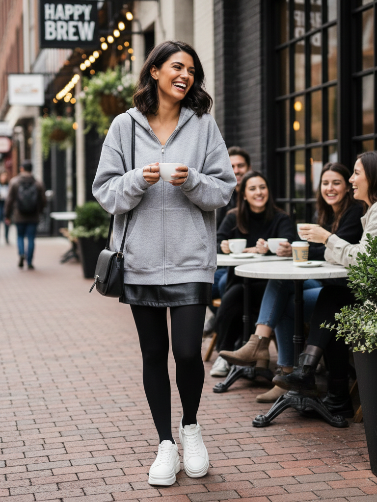 Oversized Hoodie + Leather Mini Skirt + Leggings + Chunky Sneakers