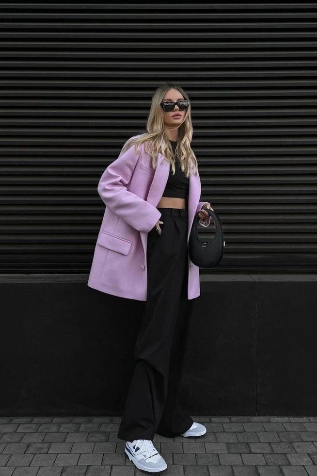 Oversized Lilac Blazer + Black Crop Top + Black Wide-Leg Trousers + White Sneakers 