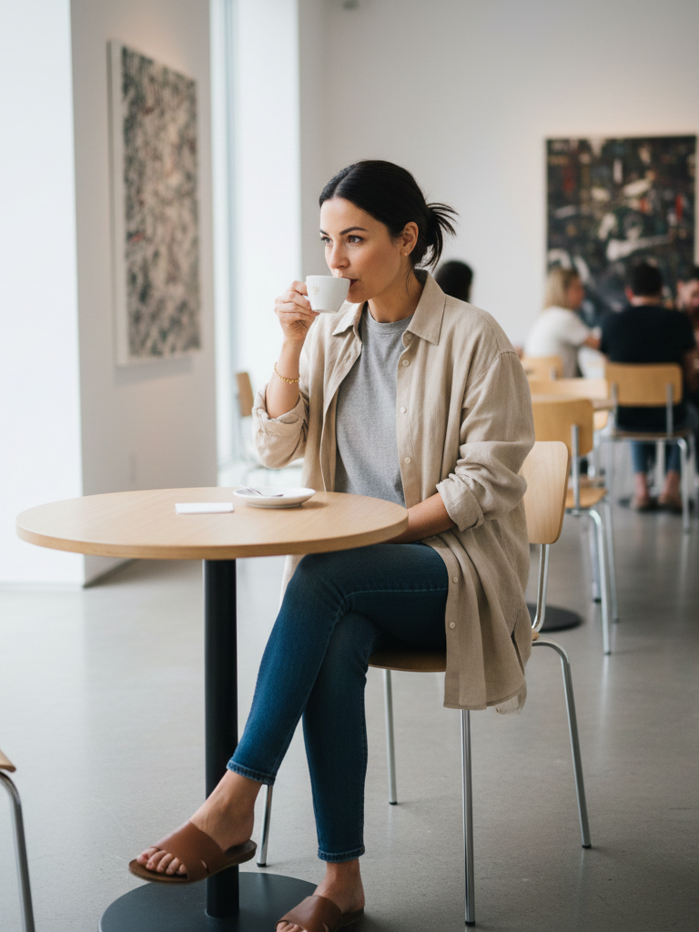 Oversized Linen Shirt + Slim Denim + Leather Slides