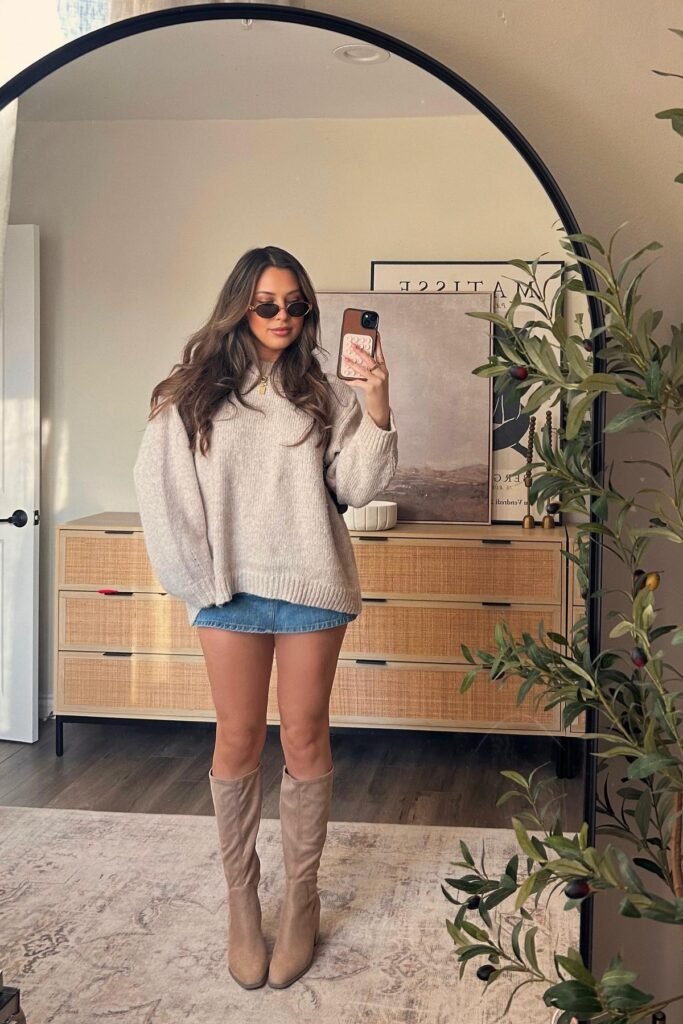 Oversized Oatmeal Knit Sweater + Denim Micro-Mini Skirt + Tall Tan Suede Boots