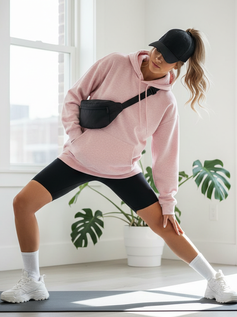 Oversized Pink Hoodie + Biker Shorts + Chunky Sneakers