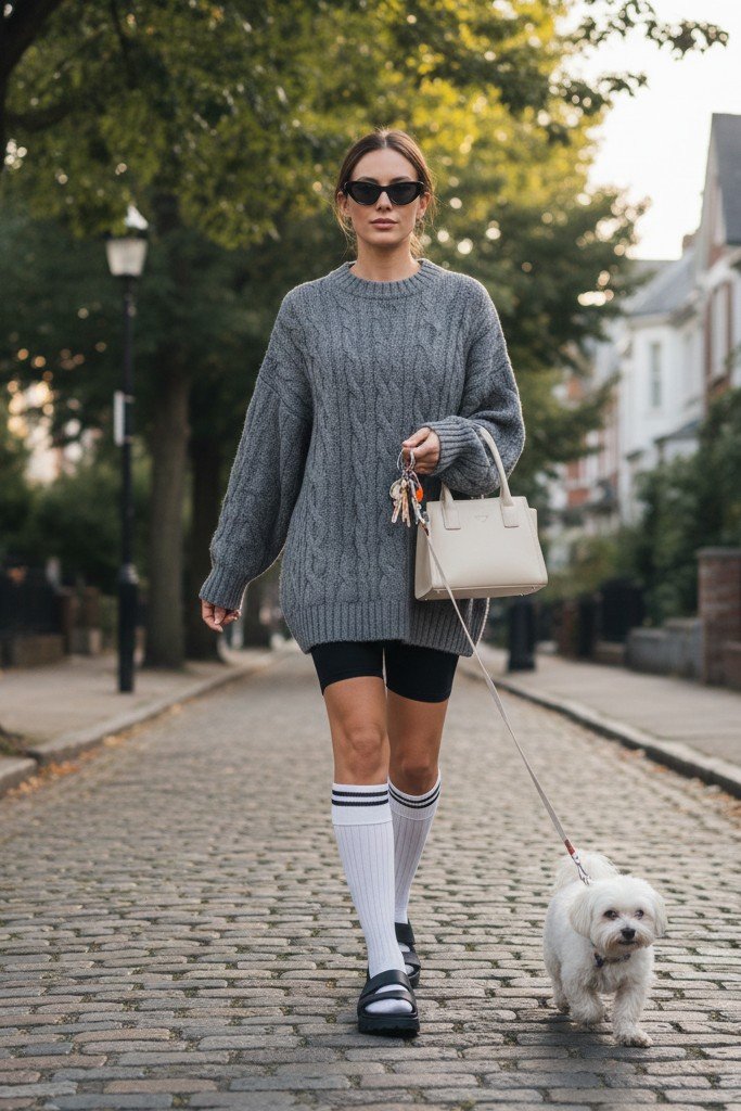 Oversized Sweater + Biker Shorts + Crew Socks