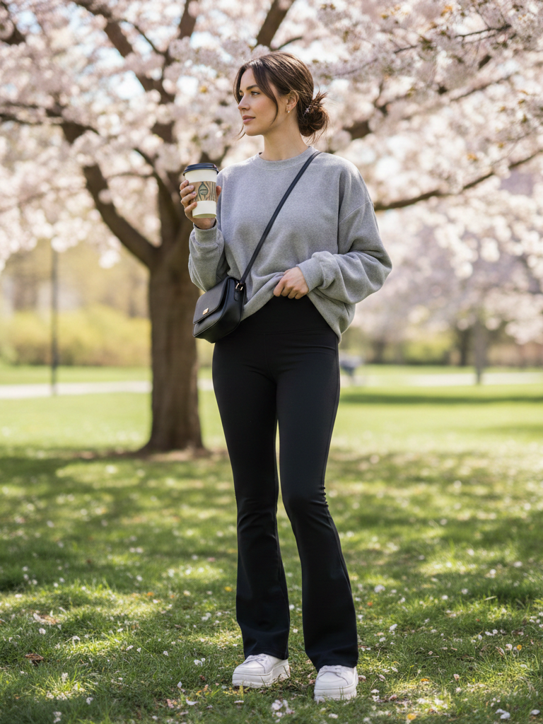 Oversized Sweatshirt + Black Flare Leggings + Platform Sneakers