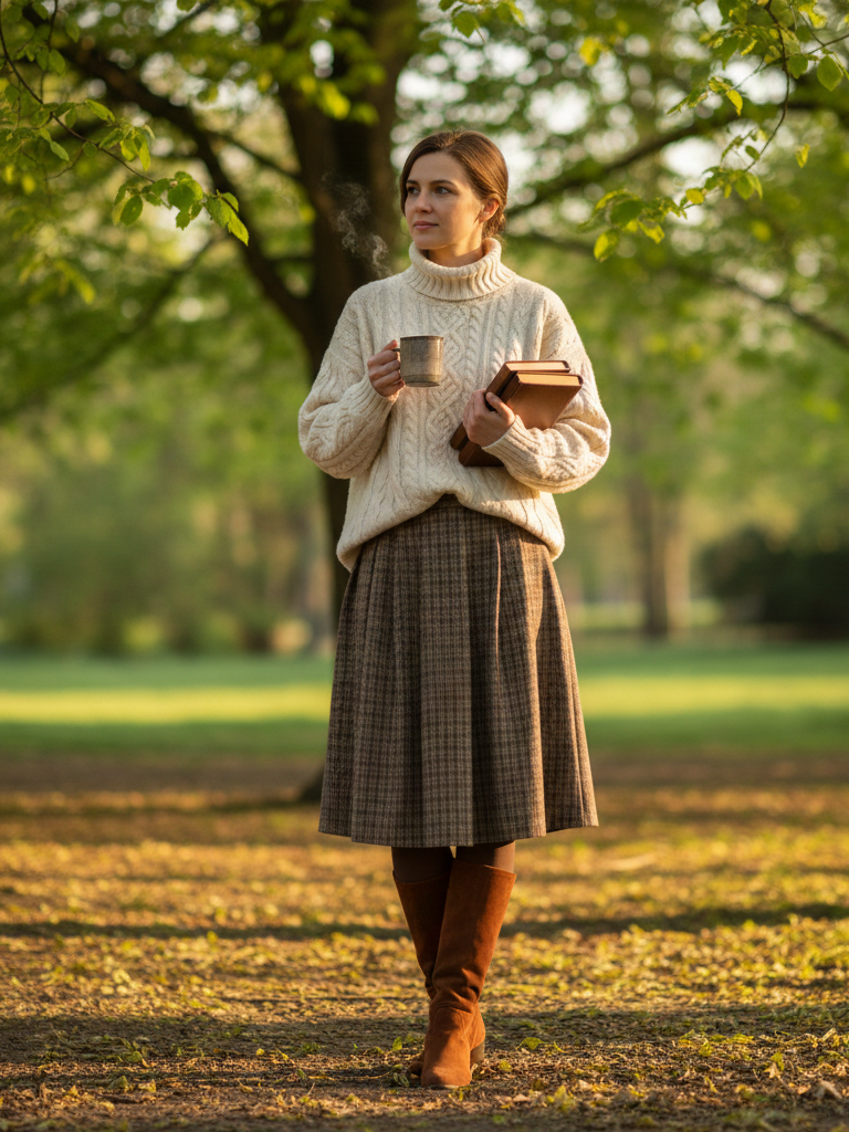 Oversized Turtleneck + Plaid Wool Skirt + Knee-High Boots