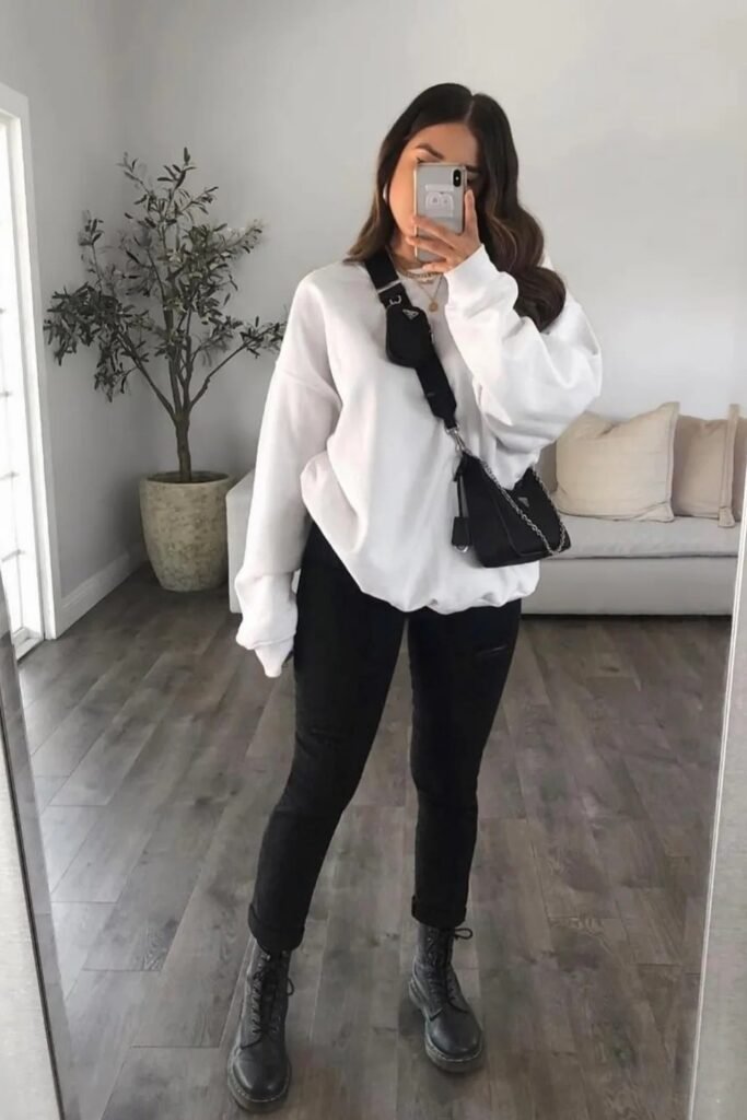 Oversized White Sweatshirt + Black Skinny Jeans + Black Combat Boots