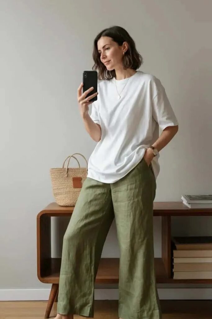 Oversized White T Shirt + Olive Green Wide Leg Linen Pants + Straw Tote Bag