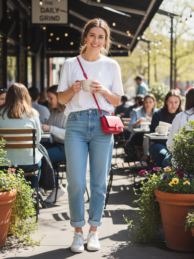 Oversized White Tee + Light Wash Mom Jeans + White Sneakers