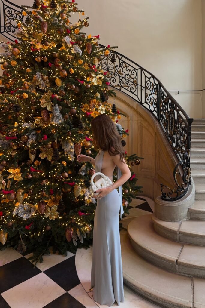 Pale Blue Backless Evening Gown + White Quilted Micro Bag