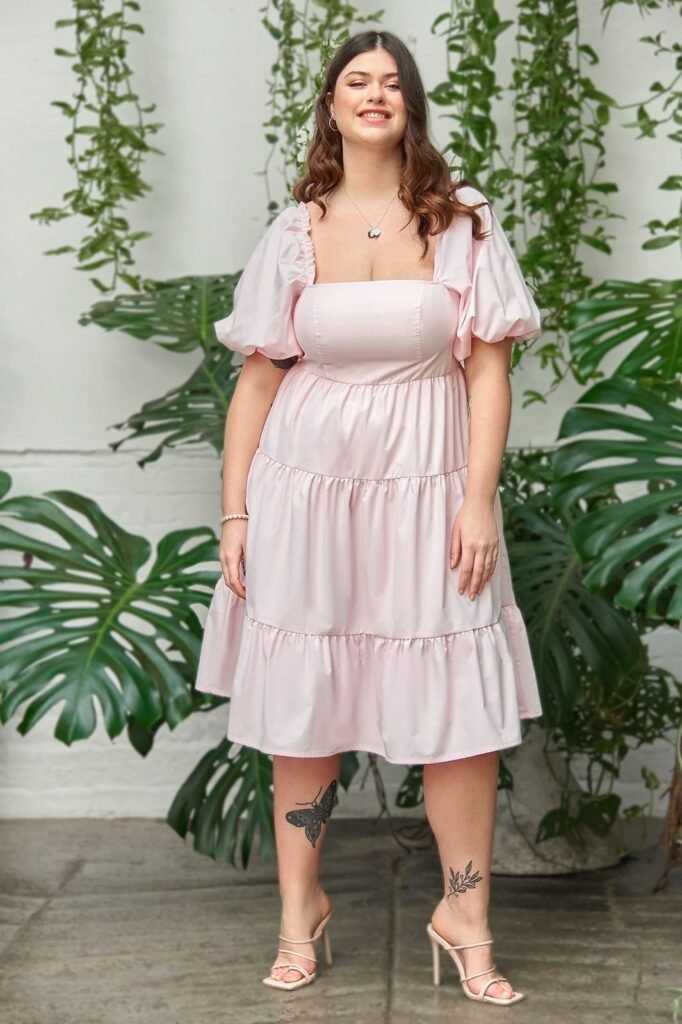 Pale Pink Square-Neck Tiered Cotton Dress + Thin Strappy Nude Sandals + Silver Charm Necklace