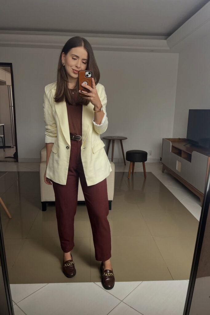 Pale Yellow Blazer + Dark Brown T-shirt + Burgundy Trousers + Dark Brown Loafers