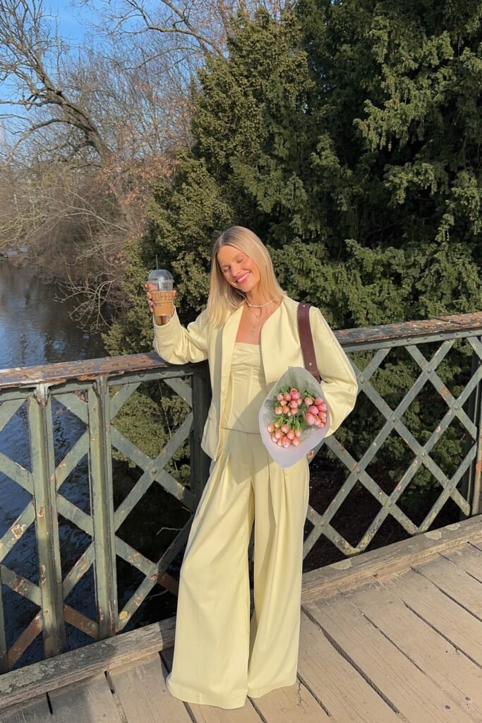 Pale Yellow Cropped Blazer + Matching Corset Top + High Waisted Wide Leg Trousers