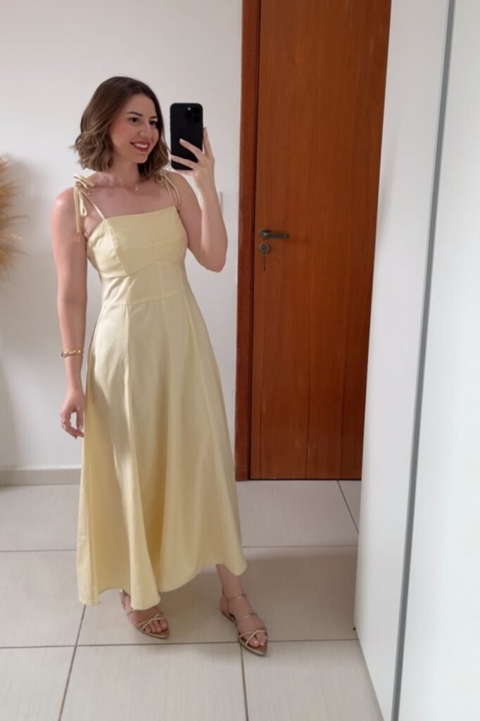Pale Yellow Tie-Strap Midi Dress + Gold Strappy Sandals