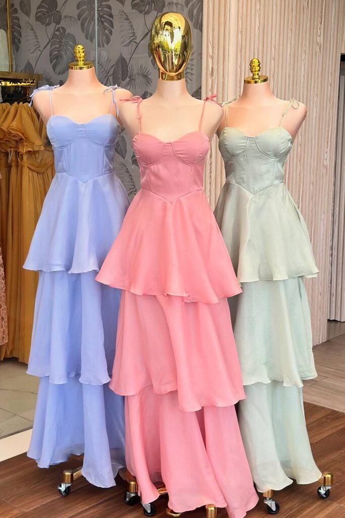 Pastel Blue, Pink, and Sage Green Tiered Maxi Dresses + Thin Shoulder Straps + Sweetheart Necklines