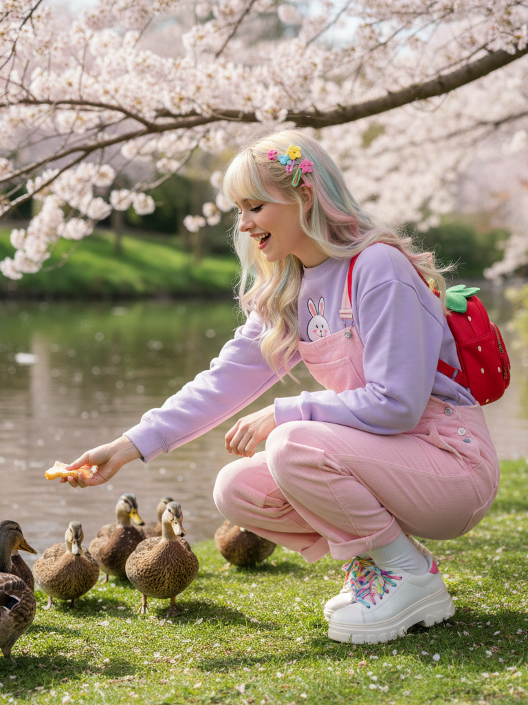 Pastel Bunny Sweatshirt + Corduroy Overalls + Platform Sneakers