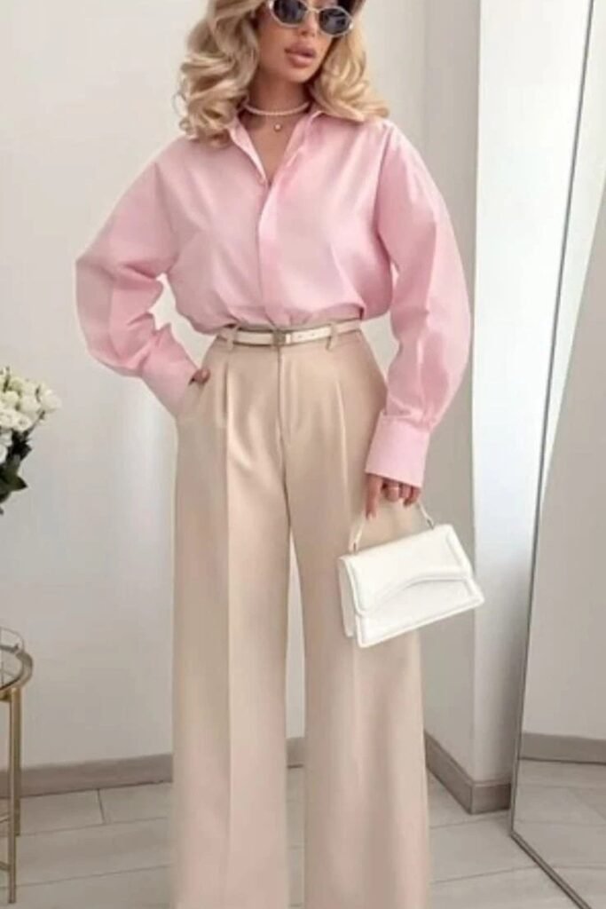 Pastel Pink Button-Up Shirt + Beige High-Waisted Trousers + White Top-Handle Bag
