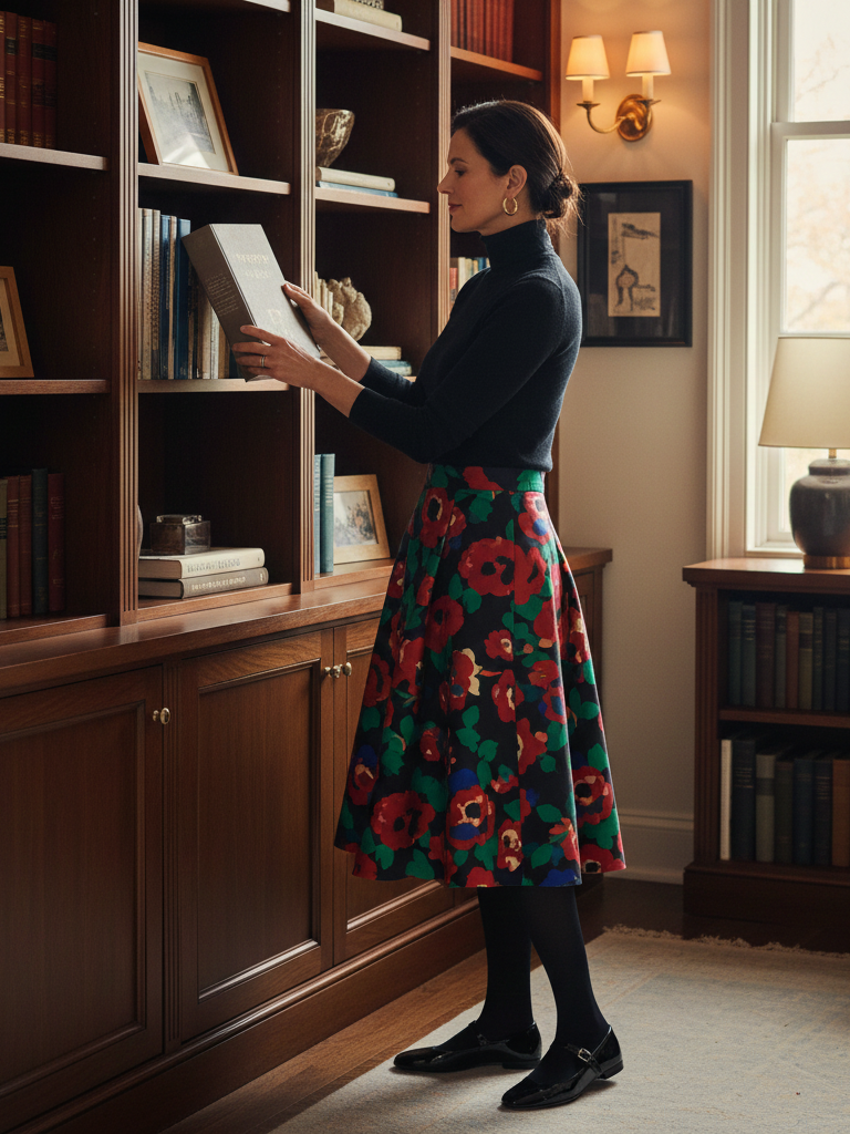 Patterned Midi Skirt and Solid Turtleneck
