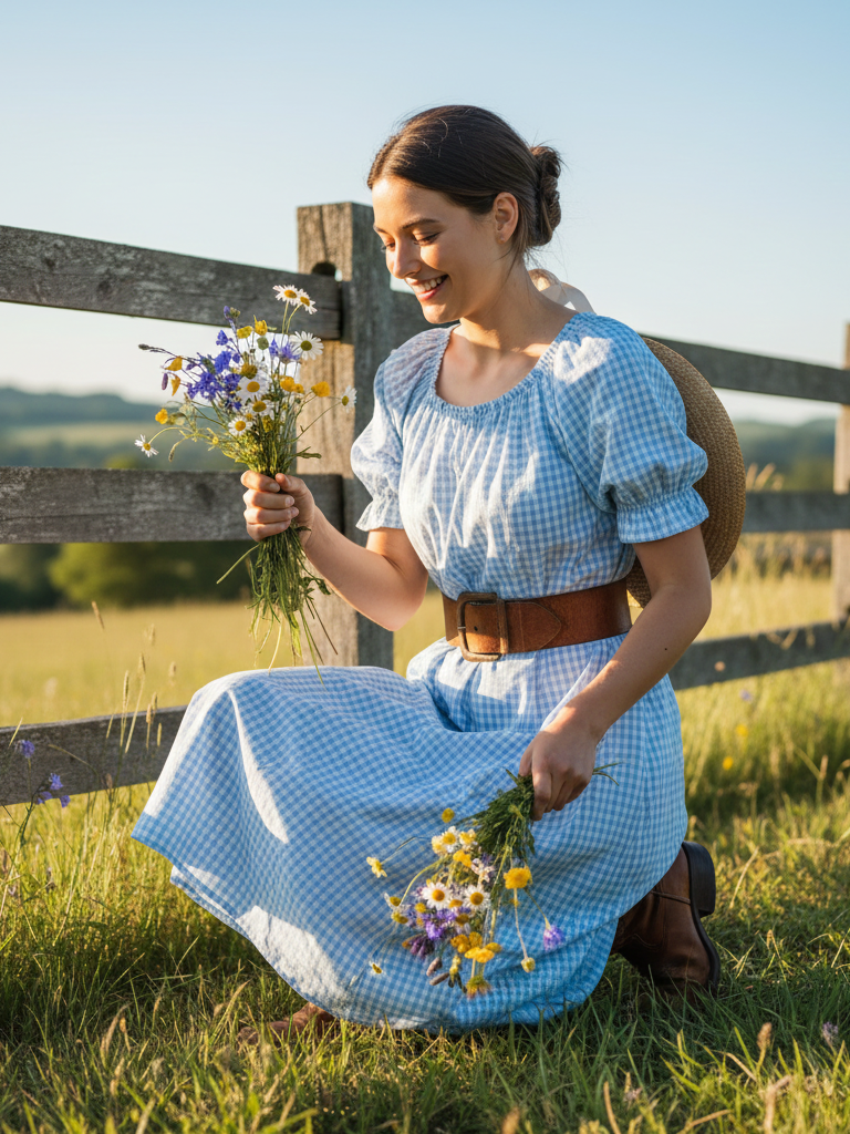 Peasant Dress + Wide Belt + Cowboy Boots