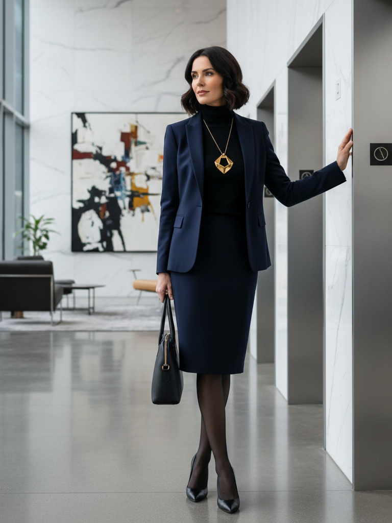 Pencil Skirt Suit + Turtleneck + Statement Necklace