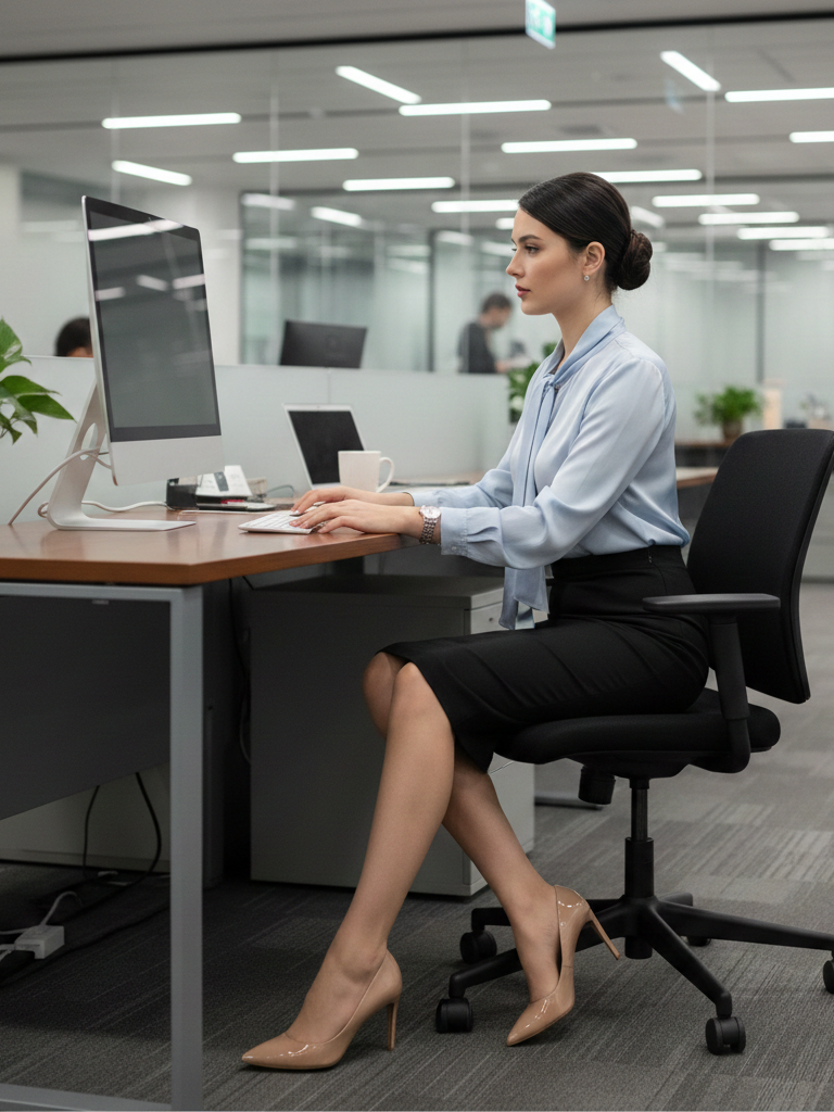 Pencil Skirt + Tucked-In Blouse + Nude Pumps