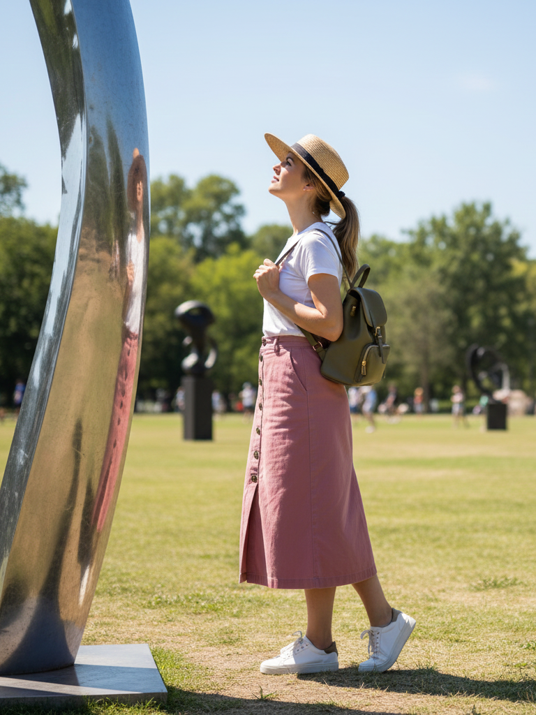 Pink Button-Front Skirt + White Tee + Sneakers + Backpack