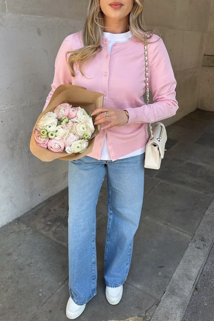 Pink Button-Up Cardigan + Light Wash Wide-Leg Jeans + White Sneakers
