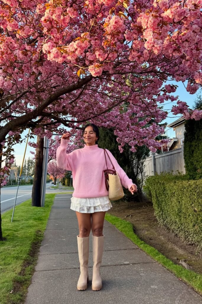 Pink Chunky Knit Turtleneck Sweater + White Lace Ruffle Mini Skirt + Beige Knee-High Platform Boots + Straw Tote Bag