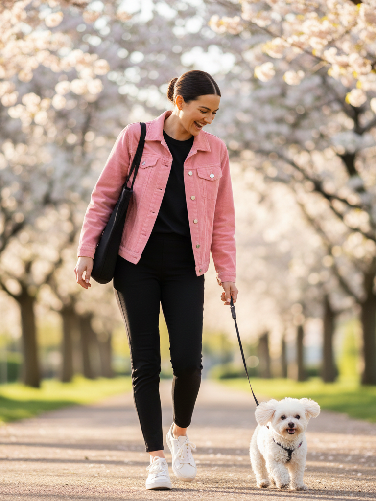 Pink Corduroy Jacket + All-Black Base + White Sneakers