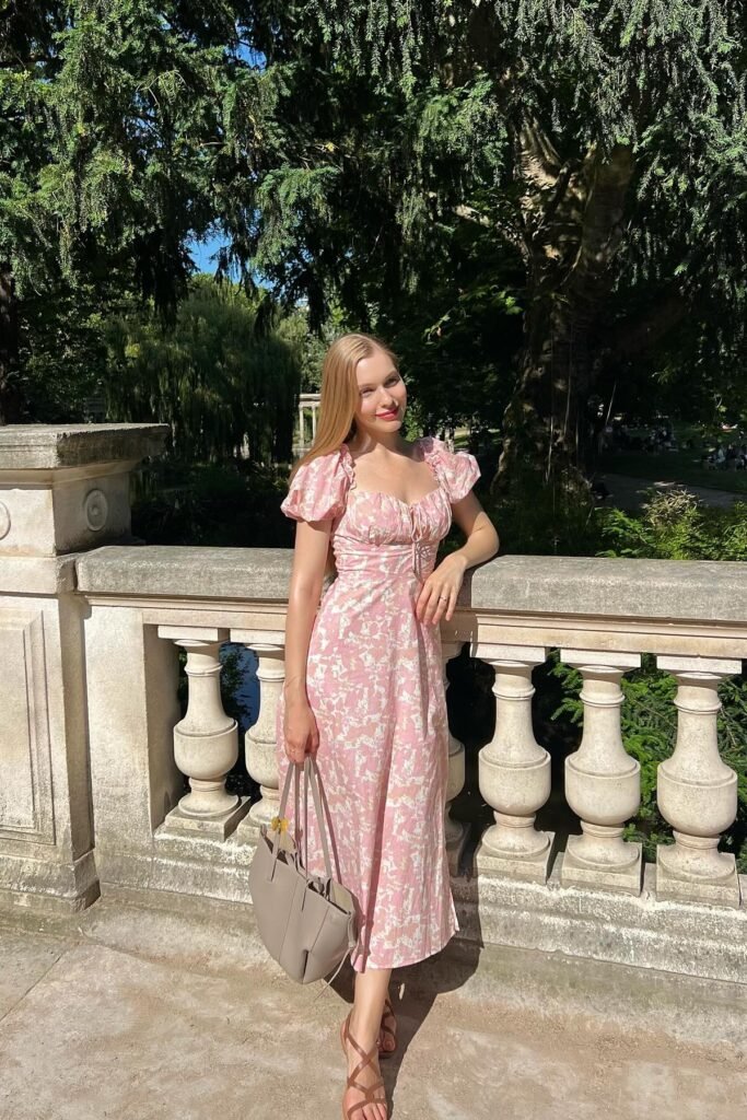 Pink Floral Puff Sleeve Midi Dress + Brown Strappy Sandals + Taupe Tote Bag