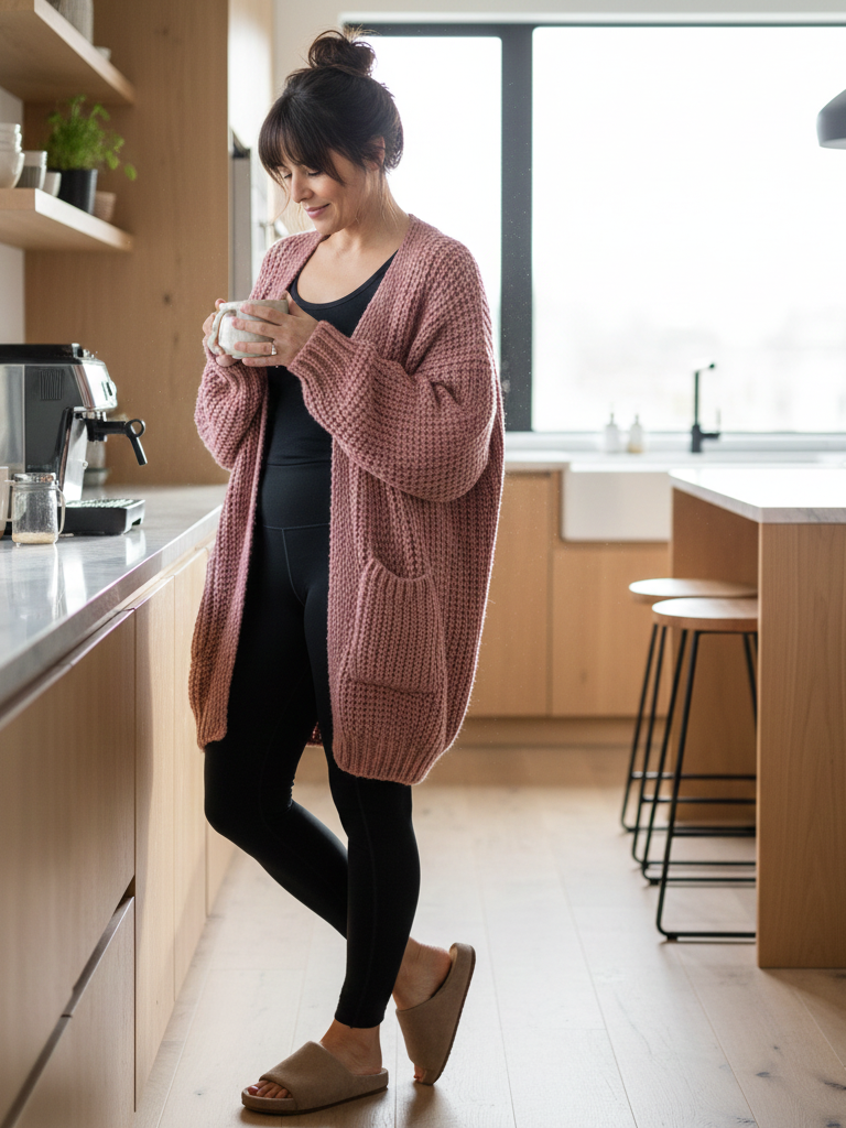 Pink Knit Cocoon Cardigan + Leggings + Slip-On Mules