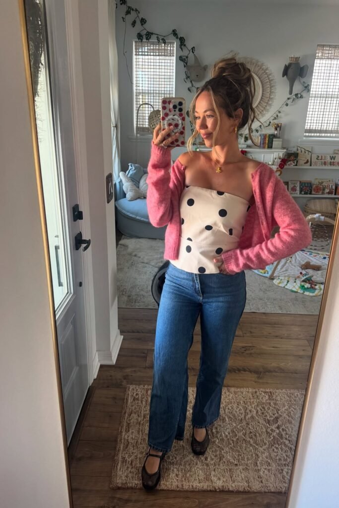 Pink Mohair Cardigan + Polka Dot Bandeau Top + Dark Wash Straight Jeans + Mesh Mary Janes