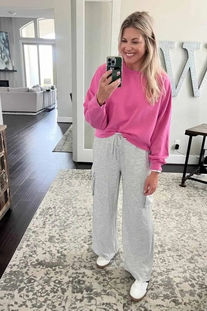 Pink Oversized Sweatshirt + Grey Cargo Joggers + White Sneakers