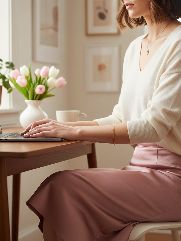 Pink Pencil Skirt + Neutral Knit Sweater + Nude Pumps
