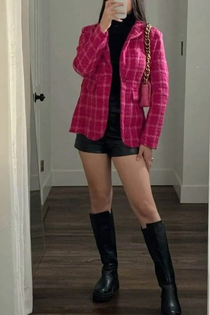 Pink Plaid Tweed Blazer + Black Mock Neck Top + Black Leather Shorts + Black Knee-High Boots