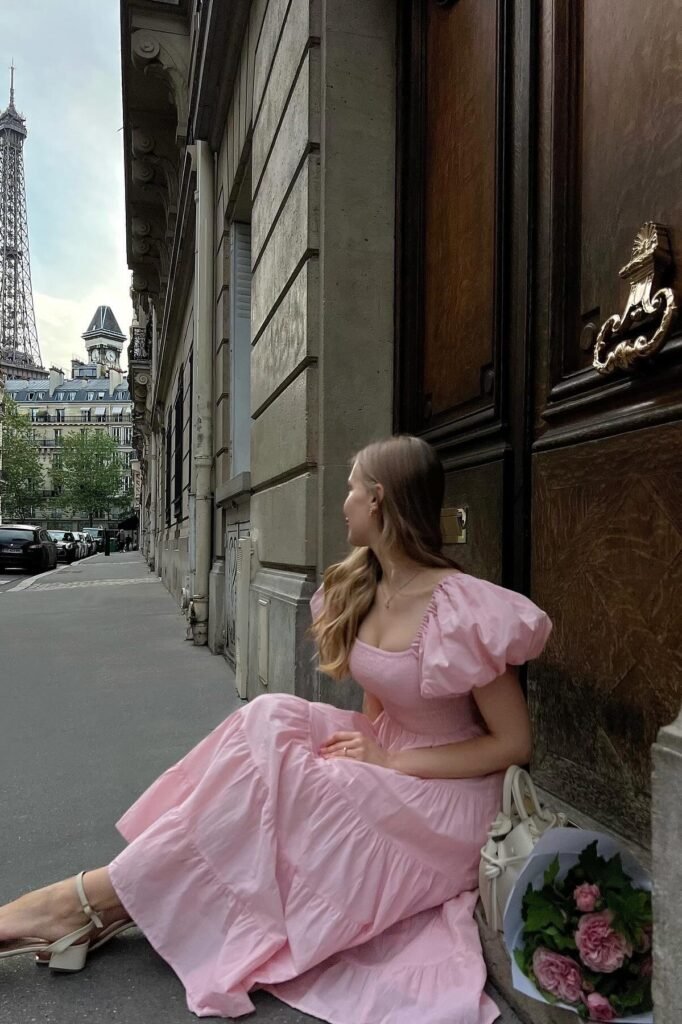 Pink Puff Sleeve Smocked Maxi Dress + White Strappy Sandals + White Mini Bag