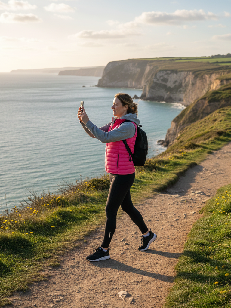 Pink Puffer Vest + Grey Hoodie + Leggings + Trainers
