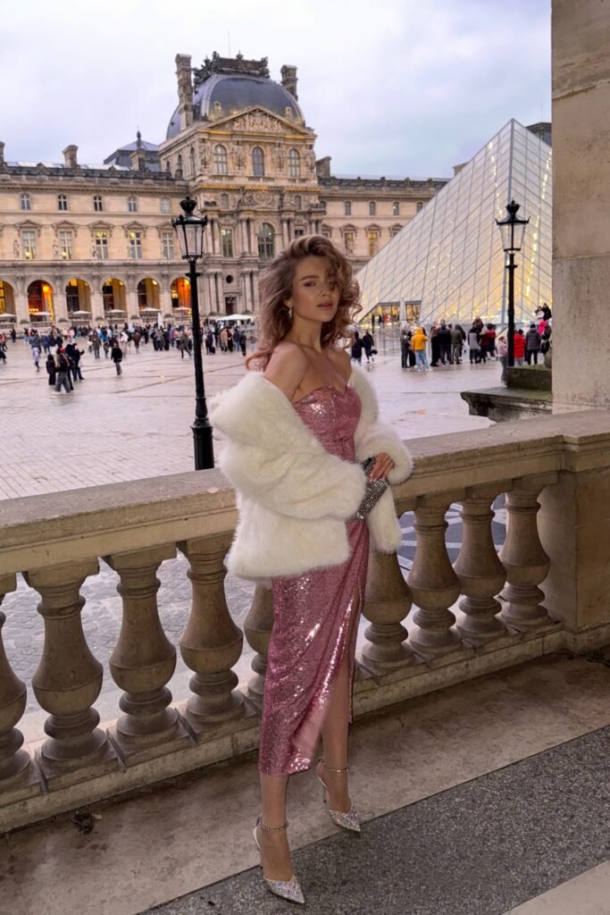 Pink Sequin Strapless Midi Dress + White Faux Fur Shrug + Silver Glitter Heels + Crystal Clutch