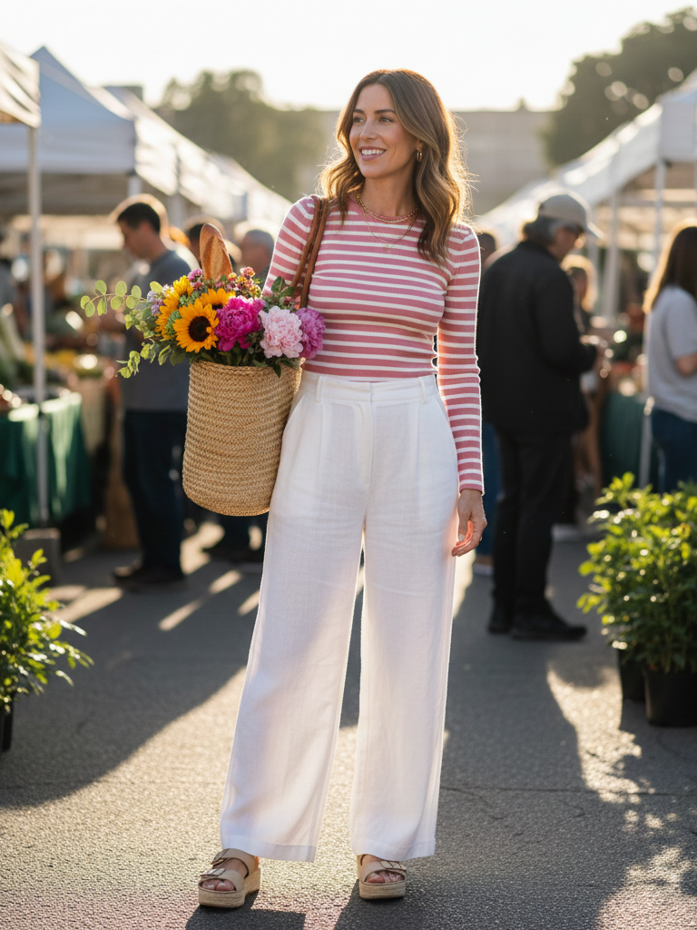 Pink Striped Long-Sleeve Top + White Wide-Leg Pants + Platform Sandals