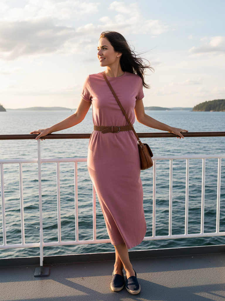 Pink T-Shirt Dress + Belt + Slip-On Espadrilles