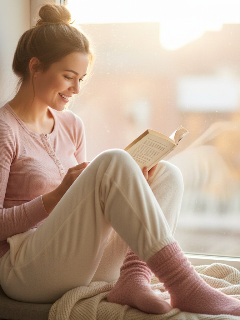 Pink Thermal Henley + Cream Joggers + Fuzzy Socks