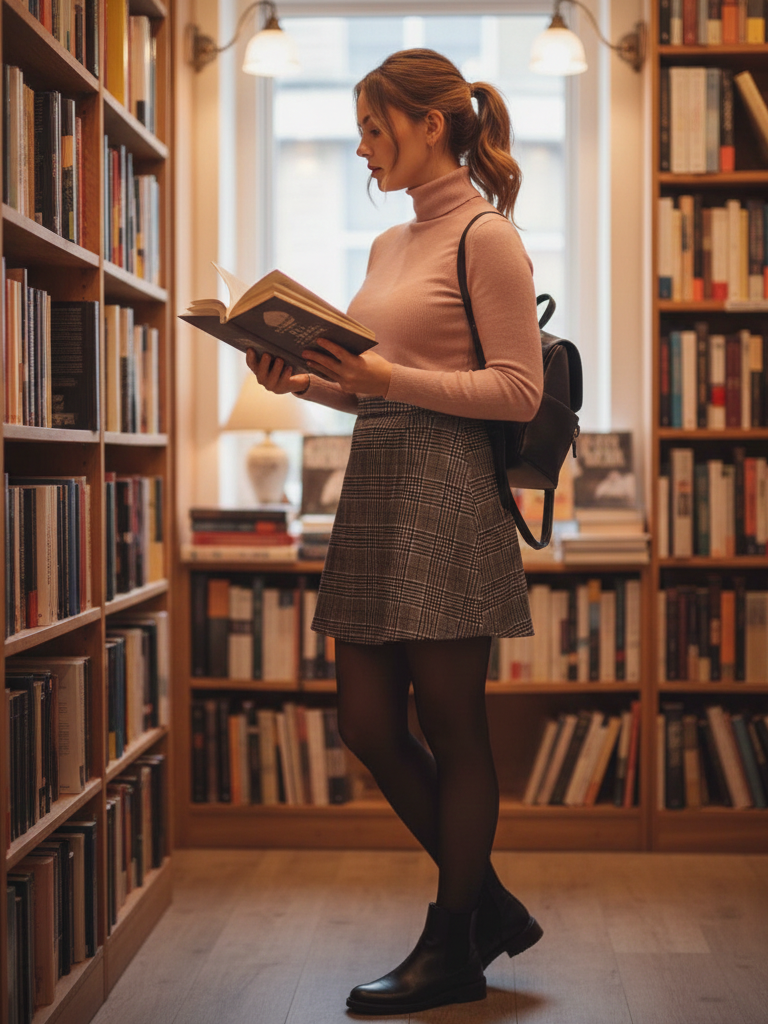 Pink Turtleneck Sweater + Plaid Skirt + Tights + Ankle Boots