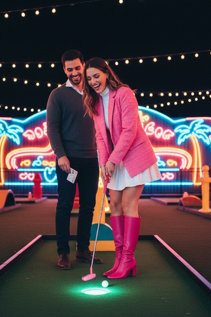 Pink Tweed Blazer + White Turtleneck + White Pleated Mini Skirt + Pink Knee-High Boots